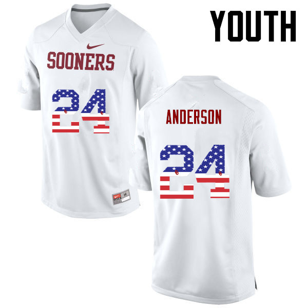 Youth Oklahoma Sooners #24 Rodney Anderson College Football USA Flag Fashion Jerseys-White - Click Image to Close